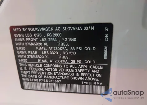 2014 Volkswagen Touareg 3.6L Executive z USA, uszkodzony, nr VIN WVGEF9BP7ED010507